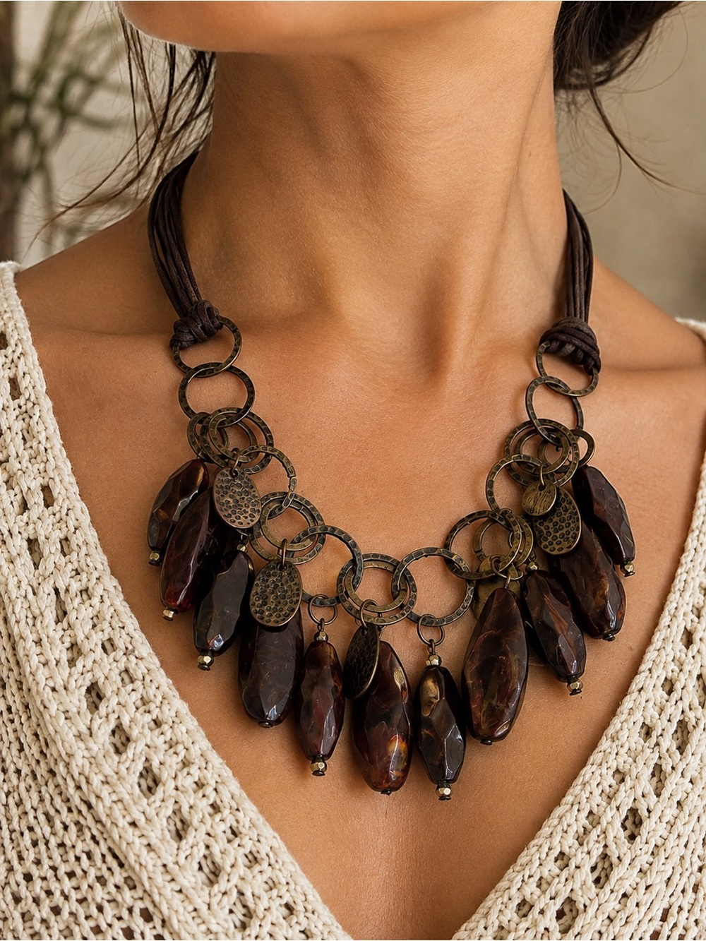 Brown Tortoiseshell Look Beaded Statement Bib Necklace Boho Artisan